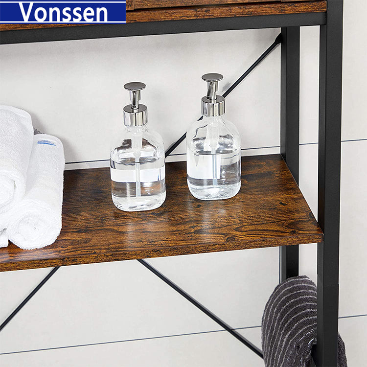 Vonssen Over-The-Toilet Storage Bathroom Organizer Cabinet with Cupboard and Shelf Steel Frame Easy Assembly Industrial Rustic Brown and Black VS1040700001