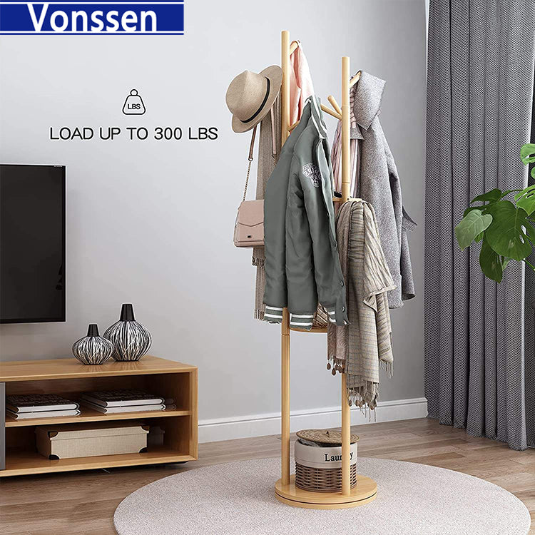 Vonssen Coat Rack Stand Clothes Rack Stand Wooden Rotated 3 Tier Shelf Strong Load Bearing Hallway Entryway Closet Bedroom for Hang Clothes Hat Handbag Purses Shoe Storage VS1060400013