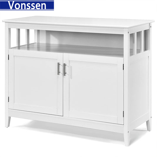 Vonssen Farmhouse Style Console Table with Sliding Barn Doors and 4 Open Storage Compartments and Elevated Base SI-20130