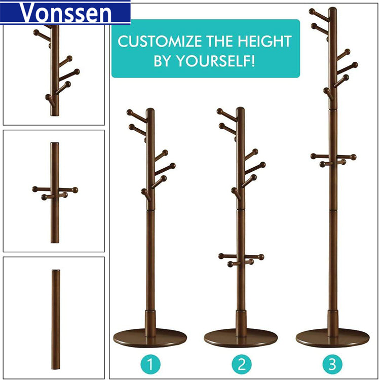 Vonssen Coat Racks Free Standing Coat Rack Solid Rubber Wood Free Standing 11 Hooks Coat Tree Entryway Standing for Clothes Hats Handbags Wood VS1060400006