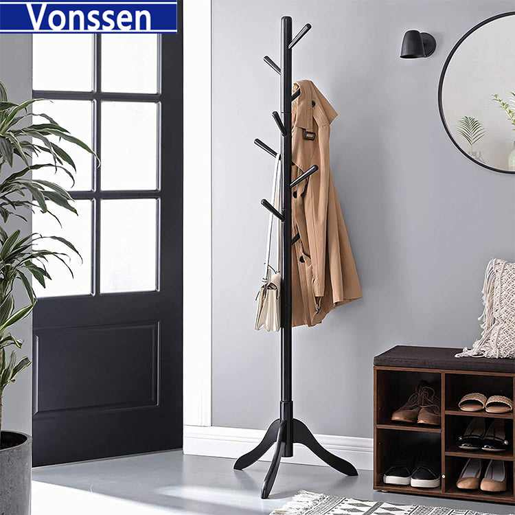 Vonssen Wooden Tree Coat Rack Freestanding Entryway Coat Stand with 8 Hooks Height Adjustable Coat Tree Rubber Wood Coat Hanger Stand for Home Office Hall Entryway VS1060400009