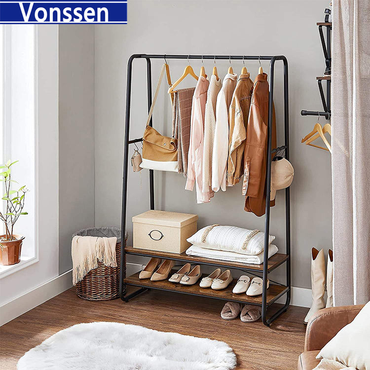 Vonssen Clothes Rack Clothing Rack for Hanging Clothes Garment Rack with 2 Shelves 6 S-Shaped Hooks Steel Frame for Bedroom Rustic Brown and Black VS1060400015