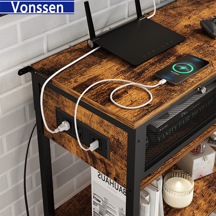 Vonssen Console Table with Charging Station Entryway Table with Doors Sofa Table Narrow Long with 3 Tiers Open Wood Storage Shelves VS1010400123