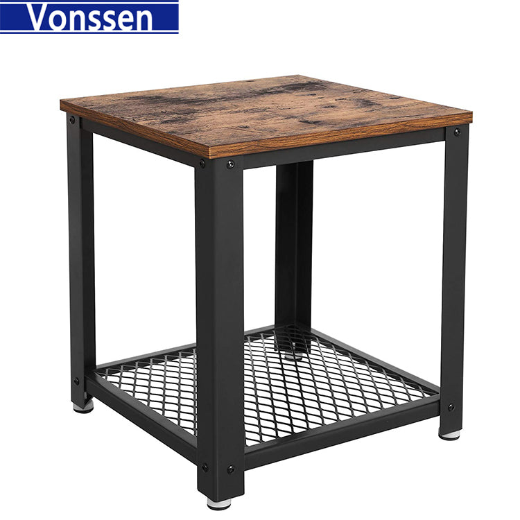 Vonssen End Table 2-Tier Nightstands Side Table Night Stand Bedside Desk for Small Space in Living Room Bedroom Steel Frame Chestnut Brown and Black SI-30172