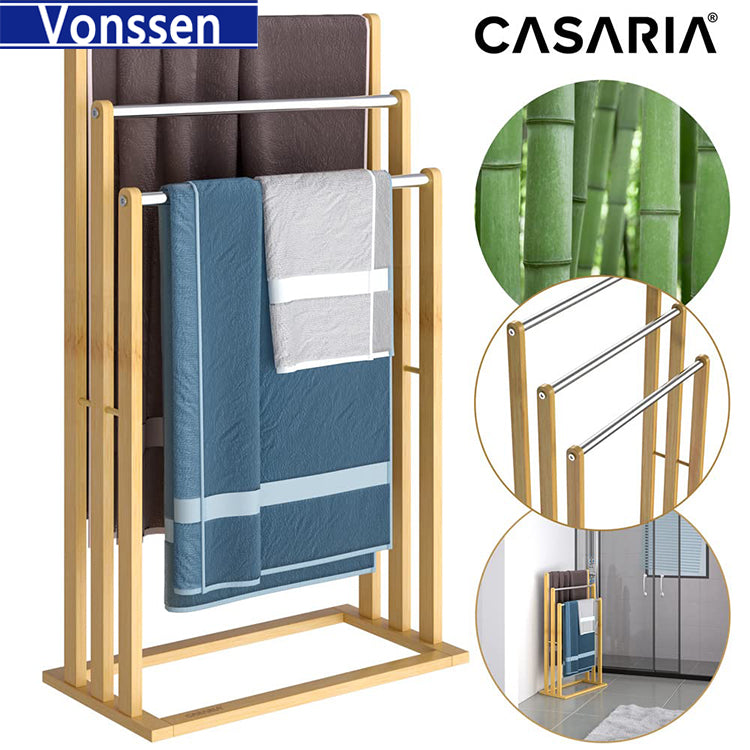 Vonssen Towel Holder Freestanding with 3 Towel Rail Towel Stand for Bathroom Wood Stainless Steel VS10412000803