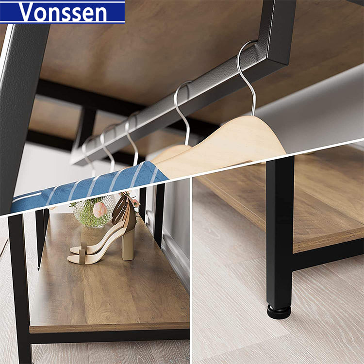 Vonssen Free-standing Closet Organzier Wood and Metal Garment Rack with Shelves and Hanging Rod Heavy Duty Clothing Rack for Bedroom Living Room Rustic Brown VS1060400020