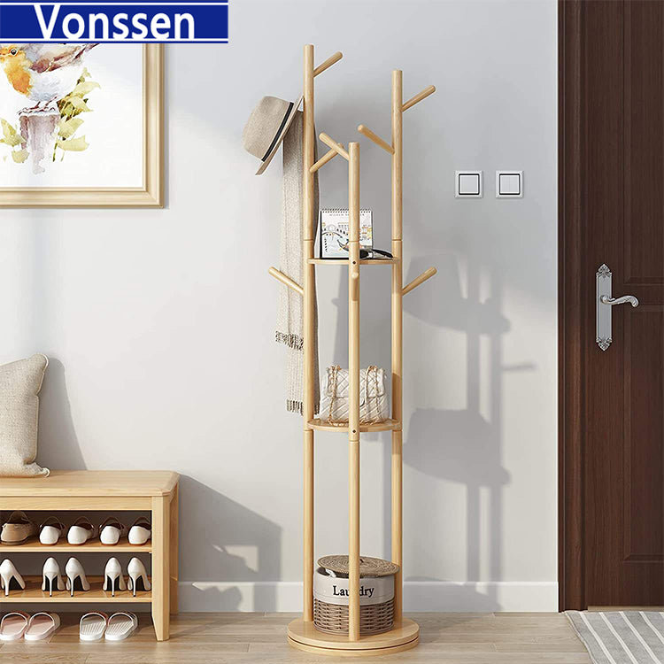 Vonssen Coat Rack Stand Clothes Rack Stand Wooden Rotated 3 Tier Shelf Strong Load Bearing Hallway Entryway Closet Bedroom for Hang Clothes Hat Handbag Purses Shoe Storage VS1060400013