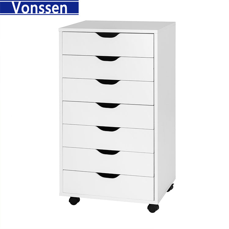 Vonssen Dressers Storage Cabinets Wooden Dresser White Mobile Cabinet with Wheels Room Organizer Rolling Small Drawers Wood Organization Furniture for Office SI-20051