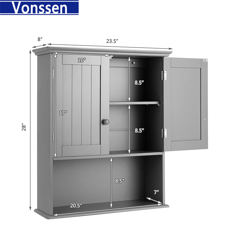 Vonssen Mobili Bathroom Wall Cabinet Mdf White 2 Doors 1 Shelf Hanging Makeup Dispenser SI-80144