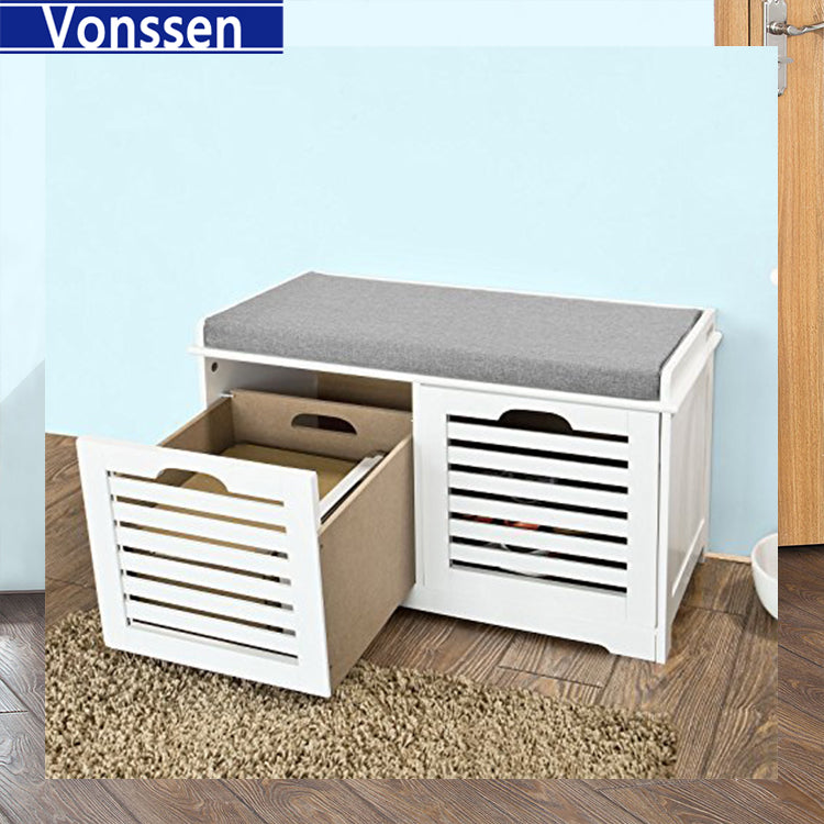 Vonssen White Storage Bench with 2 Drawers Removable Seat Cushion Shoe Cabinet Shoe Bench SI-20166