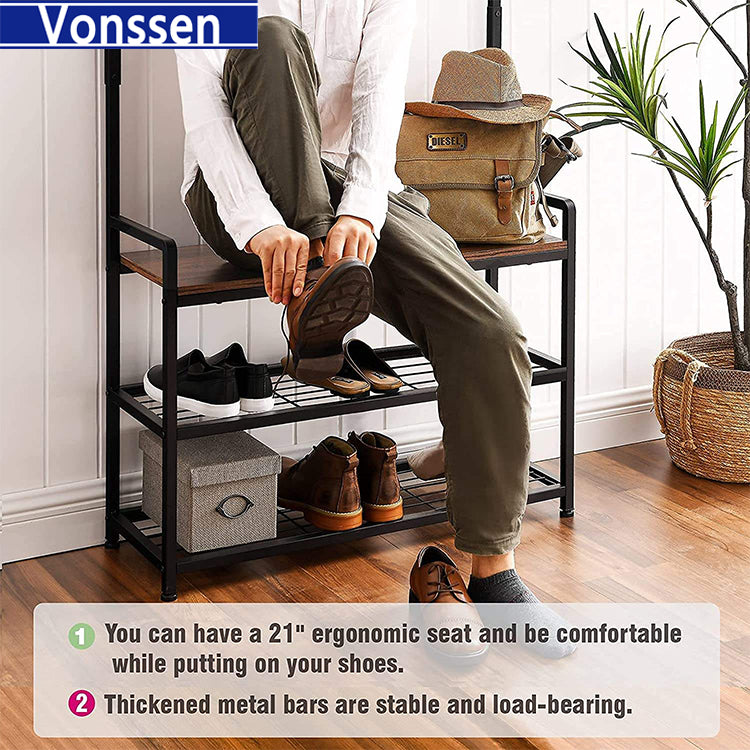 Vonssen 3-in-1 Hall Tree Coat Rack Shoe Bench with 9 Hooks and Storage Shelf Industrial Entryway Storage Shelf Bench Easy Assembly Rustic Brown VS1060400016