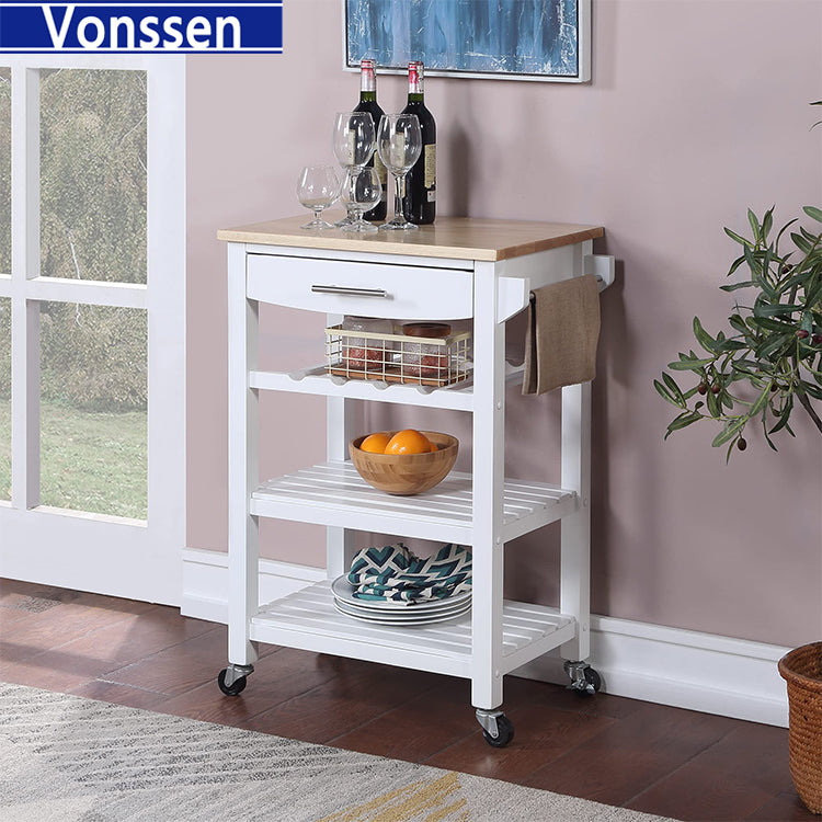 Vonssen White Multipurpose Utility Cart,Butcher Block Kitchen Island on Wheels with Drawer, Farmhouse Islands with Storage Shelf for Small Places SI-20262