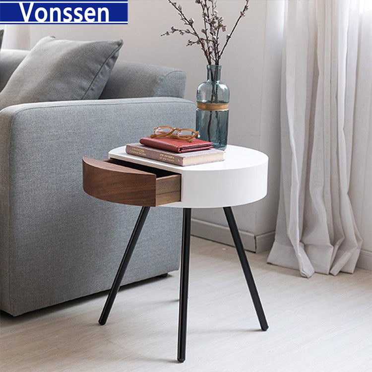 Vonssen Small Round Side Table with Drawer,Heavy Duty Metal Legs Farmhouse Side Table, Nightstand End Table Accent Coffee End Table for Living Room Bedroom Office SI-20076