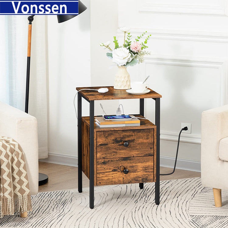 Vonssen End Table with Charging Station Bedside Table with 2 Drawer USB Ports Power Outlets Nightstand for Small Spaces Stable and Sturdy VS1010400218 --