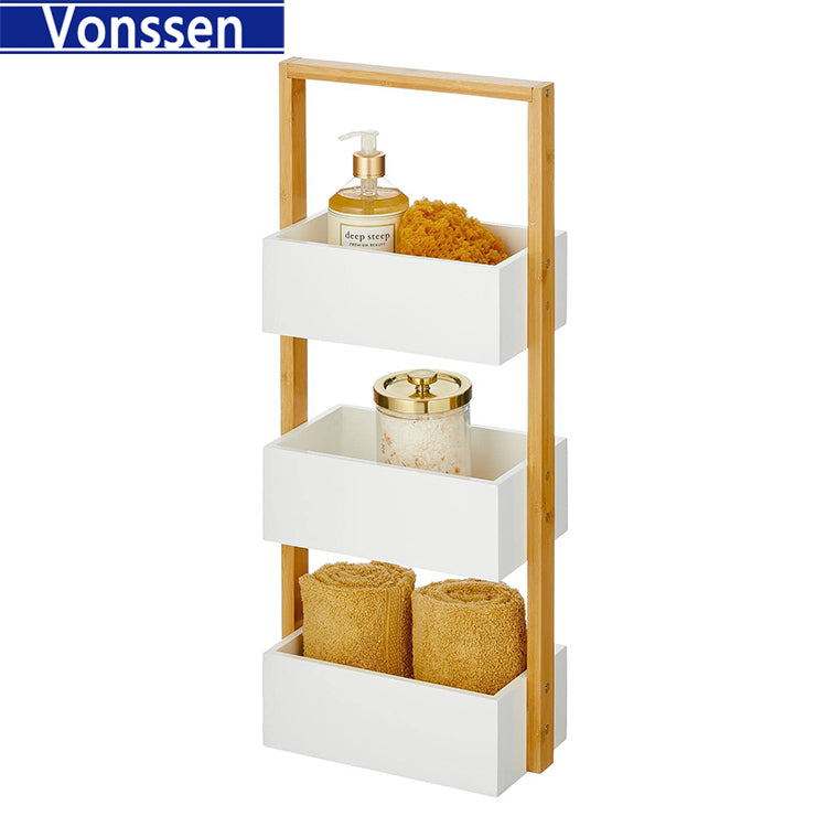 Vonssen Free-Standing 4-Tiered Shelf for Bathroom Wood Bamboo Storage Rack Room Decor Shelves Decorative Organizer Bins for Bath Towels Hand Soap and Toiletries VS1041200077