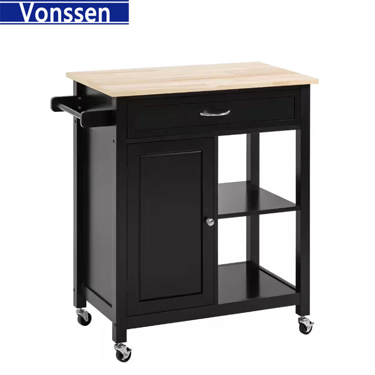 Vonssen Small Kitchen Island Cart with Storage Drawers and Shelves Kitchen Cart on Wheels Accent Cabine with Wood Countertop and Spice Rack for Kitchen Room SI-50058