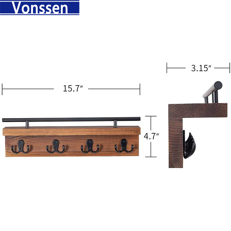 Vonssen Entryway Floating Shelf Wall Mounted Wood Key Holder Decorative Rustic Mail and Wallet Organizer with Vintage Hooks Small Wooden Hanger for Hanging Coat and Leash VS1011400069