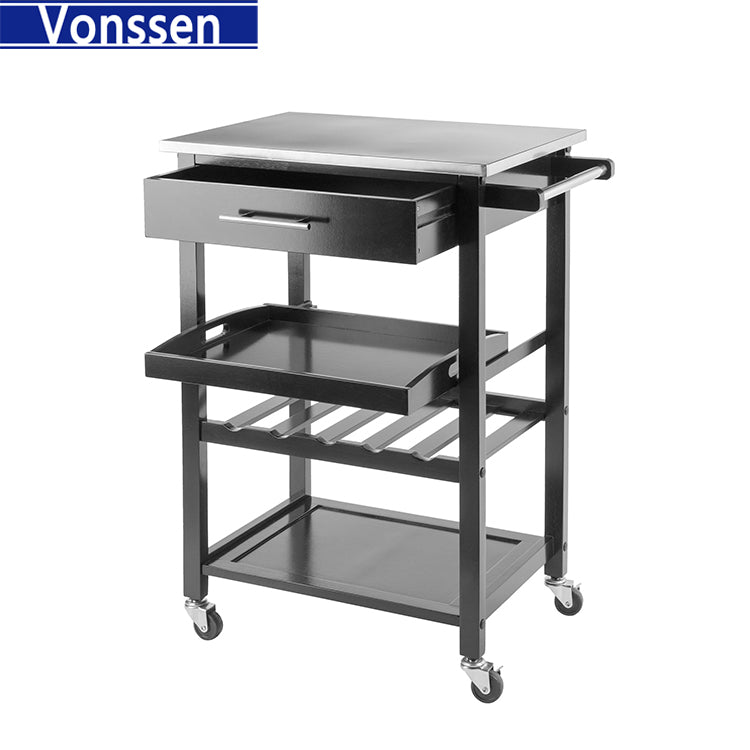 Vonssen Black Microwave Cart Small Kitchen Island on Wheels with Wood Top and Drawer Multipurpose Utility Cart with Open Storage Shelf for Small Places SI-30036