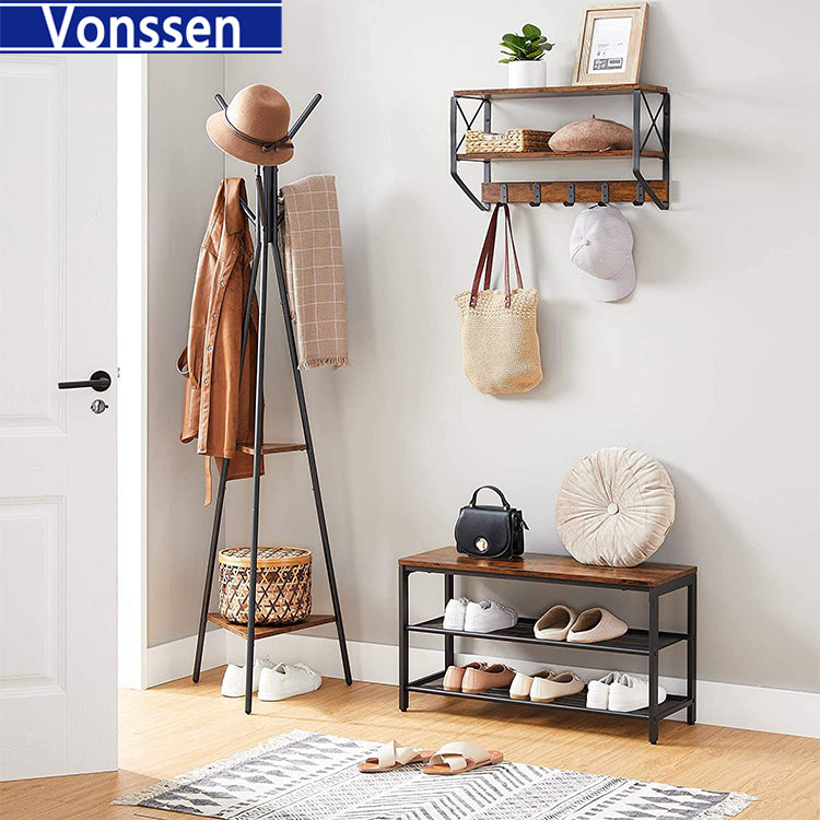 Vonssen Coat Rack Freestanding Coat Hanger Stand Hall Tree with 2 Shelves for Clothes Hat Bag Industrial Style Greige and Black VS1060400008 --