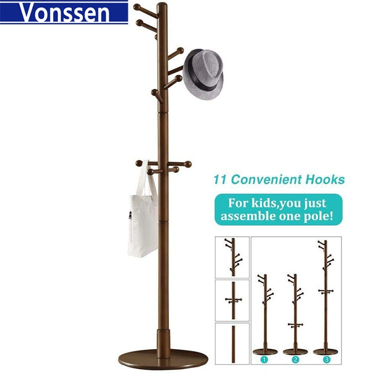 Vonssen Coat Racks Free Standing Coat Rack Solid Rubber Wood Free Standing 11 Hooks Coat Tree Entryway Standing for Clothes Hats Handbags Wood VS1060400006