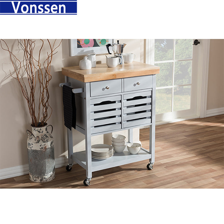 Vonssen Wooden Kitchen Trolley Top Island Dining Cart Worktop Basket Storage SI-20268