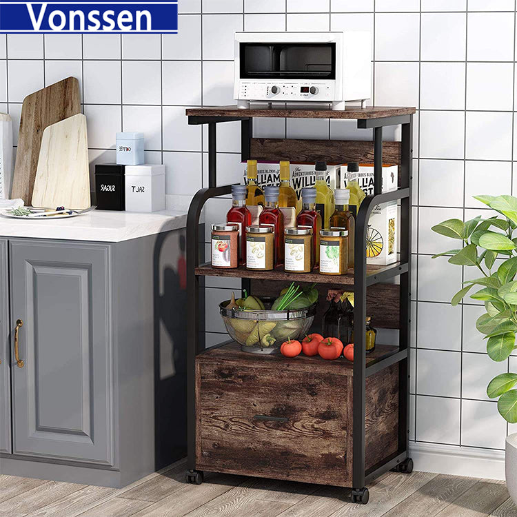 Vonssen Rolling Wheels File Cabinet with Storage Shelves and Drawer Spice Rack Organizer Rustic Brown VS1011600019