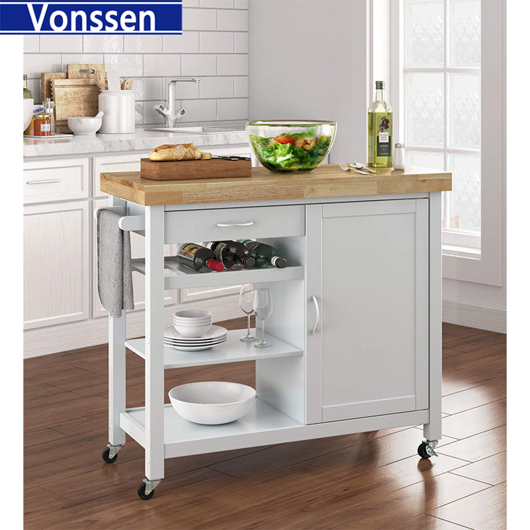 Vonssen Kitchen Island Cart Rolling Serving Cart Wood Trolley with Drawer Storage Cabinet Wine Bottle Rack Towel Rack and Lockable Wheels SI-20070