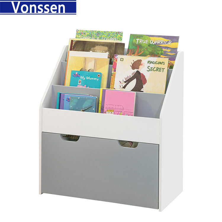 Vonssen Kids Bookshelf and Toy Organizer Toy Storage Chest and Bookcase with 3 Shelves Storage Box with Wheels Multipurpose for Children's Room and Playroom SI-80153