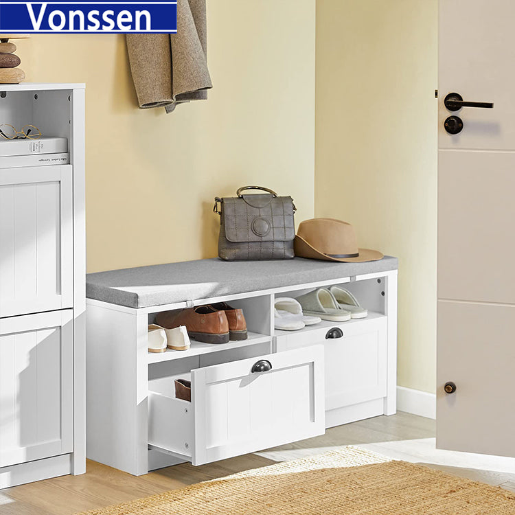 Vonssen Upholstered Footstools Wooden Storage Stool Storage Bench 2-Layer Design Double Door for Balcony SI-20341