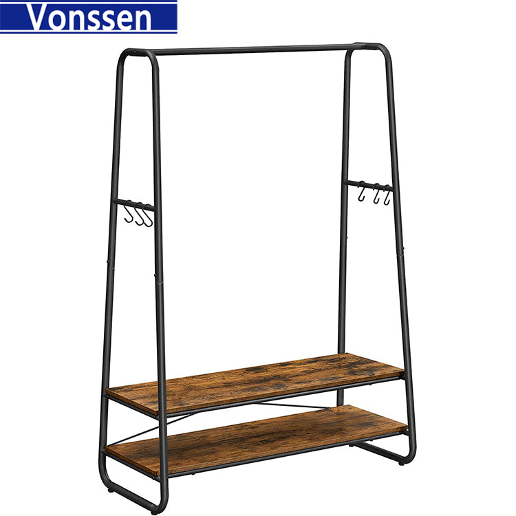 Vonssen Clothes Rack Clothing Rack for Hanging Clothes Garment Rack with 2 Shelves 6 S-Shaped Hooks Steel Frame for Bedroom Rustic Brown and Black VS1060400015