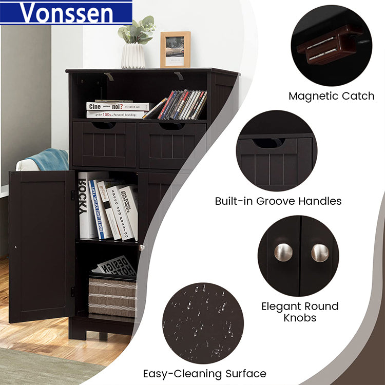 Vonssen Bathroom Cabinet Storage Cabinet with 2 Glass Doors 2 Shutter Doors Free Standing Floor Cabinet with 4 Shelves  SI-80143