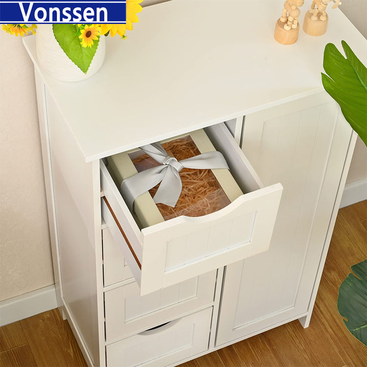 Vonssen Bathroom Floor Cabinet Wooden Storage Cabinet with 1 Door & 3 Drawer Free Standing Entryway Cupboard Spacesaver Cabinet VS1011100110 --