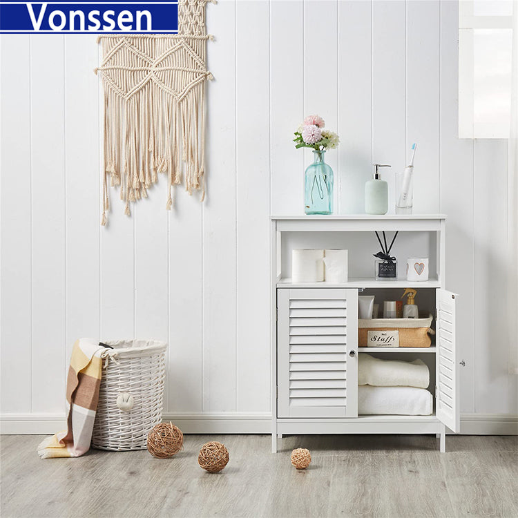 Vonssen Bathroom Floor Cabinets Freestanding Storage Cabinet with Shelves and Shutter Doors Small Wooden Cupboard White Side Cabinet  SI-80145