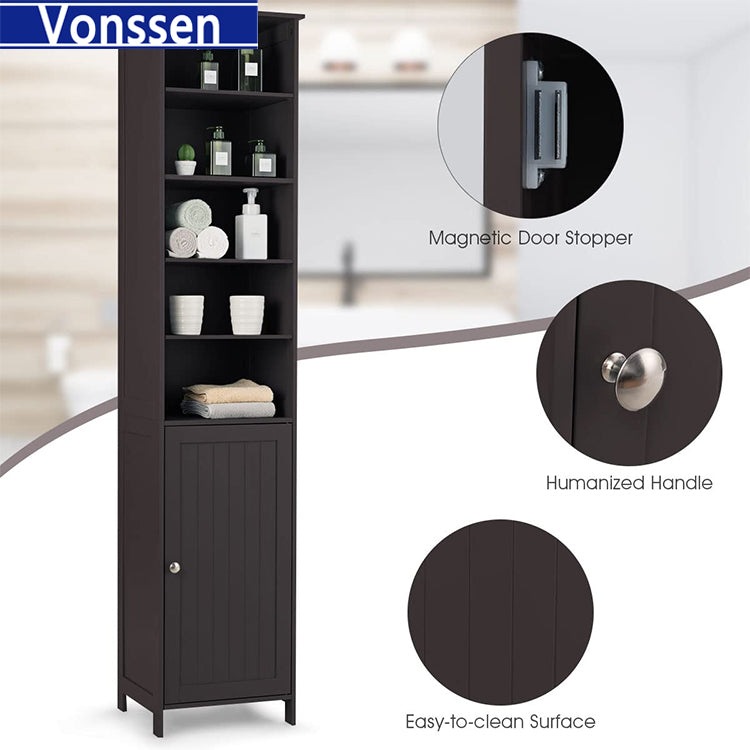 Vonssen Tall Cabinet WATERJOY Standing Tall Storage Cabinet Wooden White Bathroom Cupboard with Door and 5 Adjustable Shelves Elegant and Space-Saving SI-80148