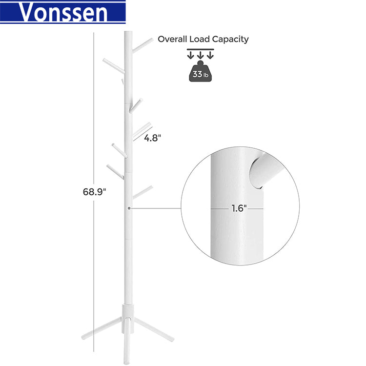 Vonssen Wooden Tree Coat Rack Stand with 8 Hooks Sturdy Freestanding Coat Rack Triangular Base Easy Assembly Free Standing Coat Hanger for Clothes Suits Hats VS1060400012