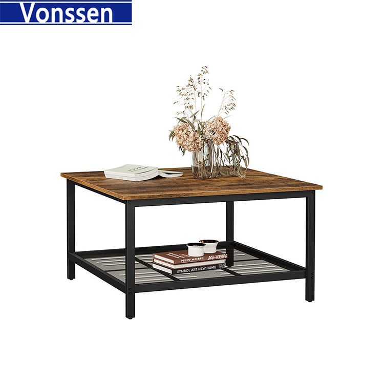 Vonssen Coffee Table Square Cocktail Table with Spacious Table Top Robust Steel Frame and Mesh Storage Shelf Industrial Style for Living Room Rustic Brown and Black SI-30171