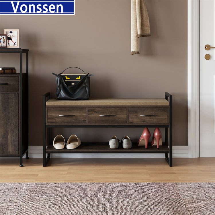 Vonssen  Shoe Bench Rack with Removable Cushion 2 Tier Shoe Bench with 3 Fabric Drawer for Entryway Bedroom Living Room Hallway Cherry VS1060200029