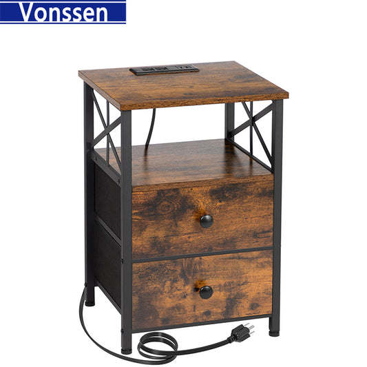 Vonssen End Table Living Room with Charging Station Side Table with Fabric Drawer Small Side Table with USB Ports and Outlets VS1010400140