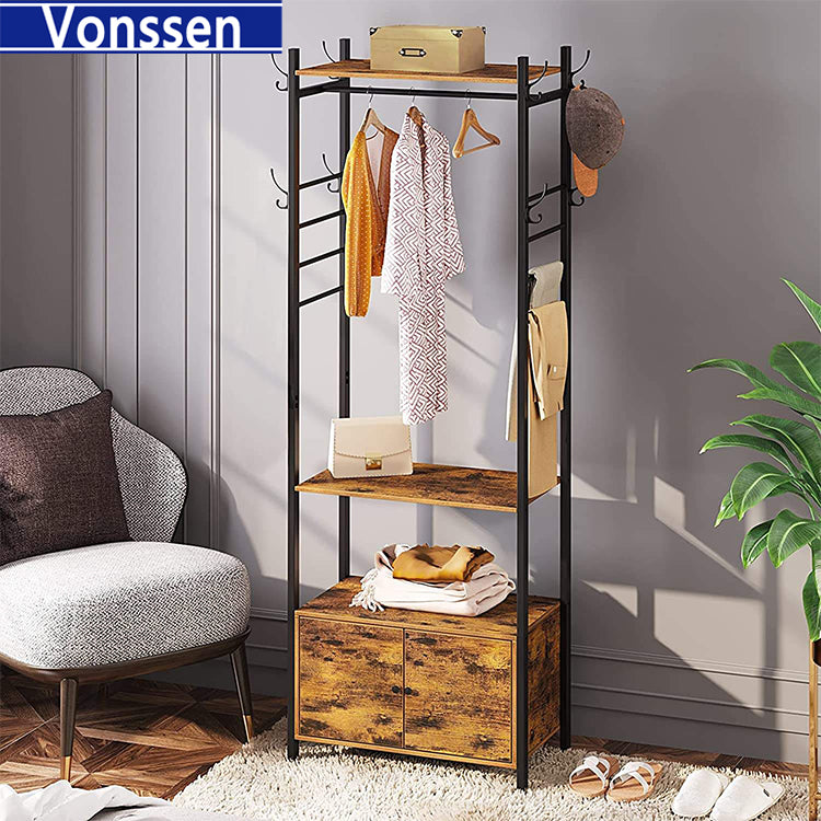 Vonssen Hall Tree with Shelf and Storage Cabinet Entryway Bench with 4 Side Hooks VS1060400007