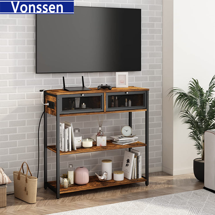 Vonssen Console Table with Charging Station Entryway Table with Doors Sofa Table Narrow Long with 3 Tiers Open Wood Storage Shelves VS1010400123