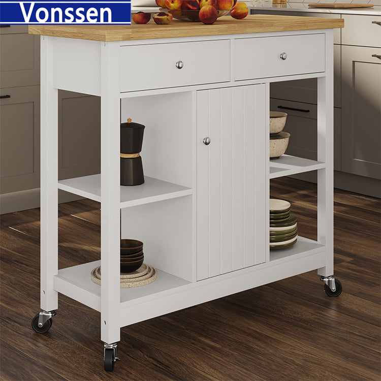 Vonssen Home Kitchen Island with Drawers – Rolling Cart with Locking Casters – Use as Coffee Bar, Microwave Stand, or Shelves for Storage  SI-80058