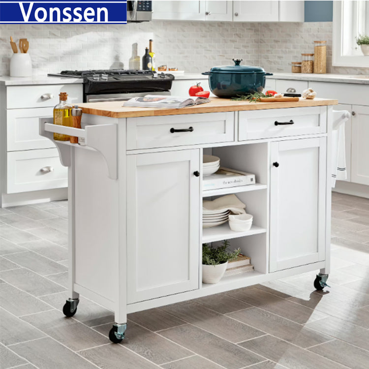 Vonssen White Rolling Kitchen Cart with Butcher Block Top and Double-Drawer Storage SI-20261