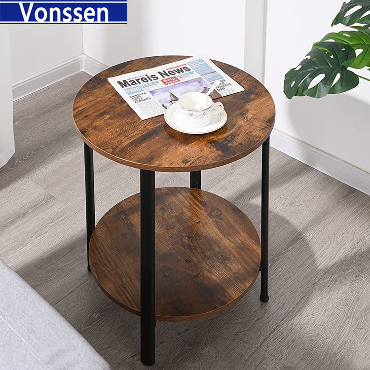 Vonssen Round Sofa Side End Tables 2-Tier Industrial Bedside Nightsand Tables Steel Frame MDF for Small Spaces Living Room Bedroom VS1010500023--