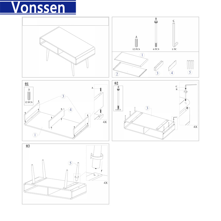 Vonssen Rectangular Wooden Frame Coffee Table with 2 Open Shelves Brown VS1010400104