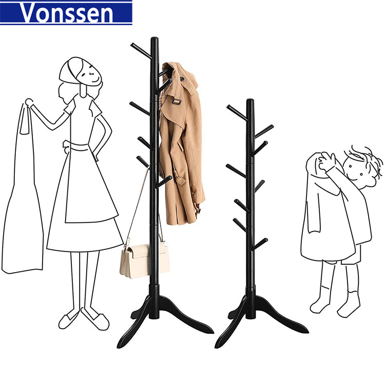 Vonssen Wooden Tree Coat Rack Freestanding Entryway Coat Stand with 8 Hooks Height Adjustable Coat Tree Rubber Wood Coat Hanger Stand for Home Office Hall Entryway VS1060400009