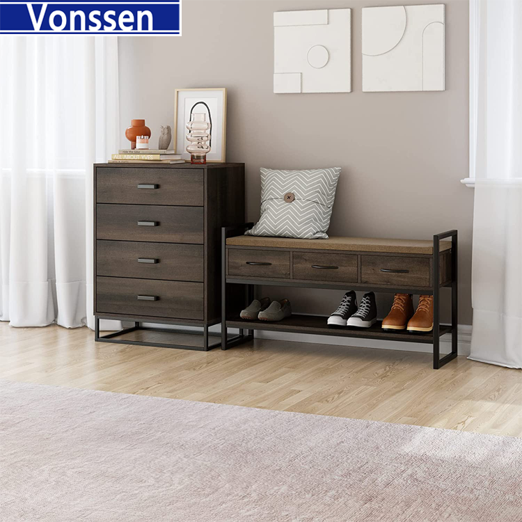 Vonssen  Shoe Bench Rack with Removable Cushion 2 Tier Shoe Bench with 3 Fabric Drawer for Entryway Bedroom Living Room Hallway Cherry VS1060200029