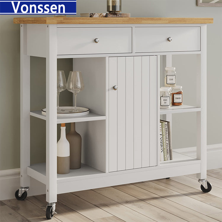 Vonssen Home Kitchen Island with Drawers – Rolling Cart with Locking Casters – Use as Coffee Bar, Microwave Stand, or Shelves for Storage  SI-80058