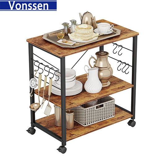 Vonssen Baker'S Rack Kitchen Cart 3-Tier Utility Microwave Oven Rack On Wheels Coffee Cart With Storage And 10 Hooks Rustic Brown VS1030700023