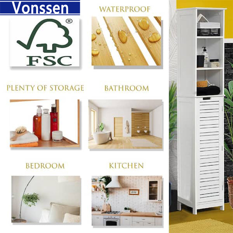 Vonssen Bathroom Linen Storage Tower Cabinet Miami White Wood SI-20084