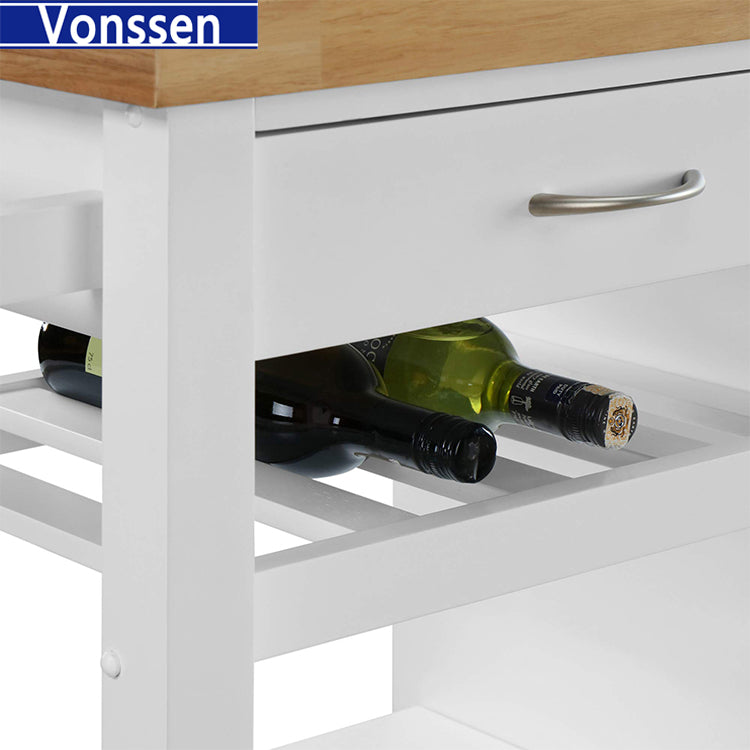 Vonssen Kitchen Island Cart Rolling Serving Cart Wood Trolley with Drawer Storage Cabinet Wine Bottle Rack Towel Rack and Lockable Wheels SI-20070